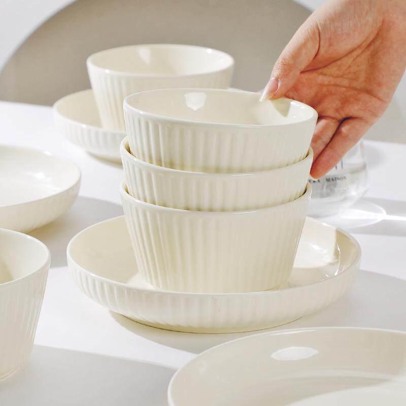 Japanese-Style Milk White Dishware Set: Creative Double-Handle Soup Bowl, Rice Bowl, Plate, and Vegetable Plate.