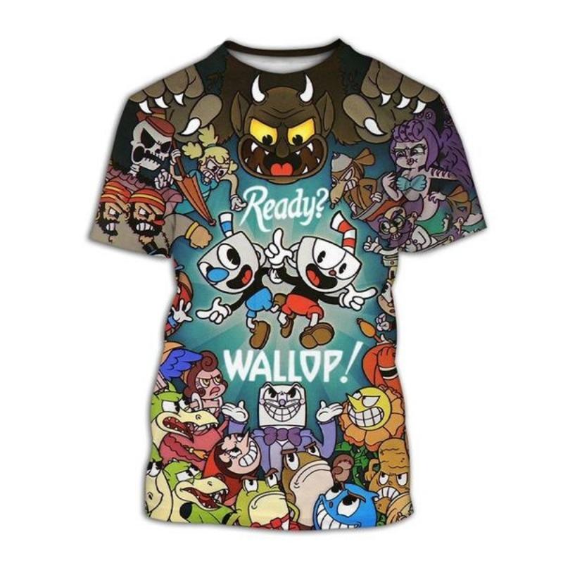 2025 Cuphead 3D printed men's casual summer fashion round neck fun T-shirt suitable for both men and women short sleeved top siz