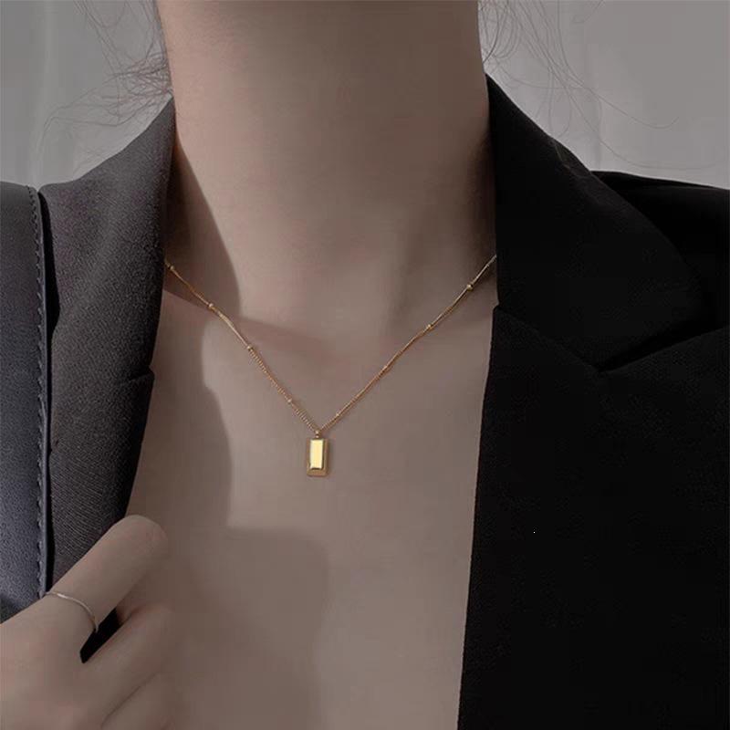 Geometric Gold Beaded Titanium Steel Clavicle Necklace with Square Pendant for Women