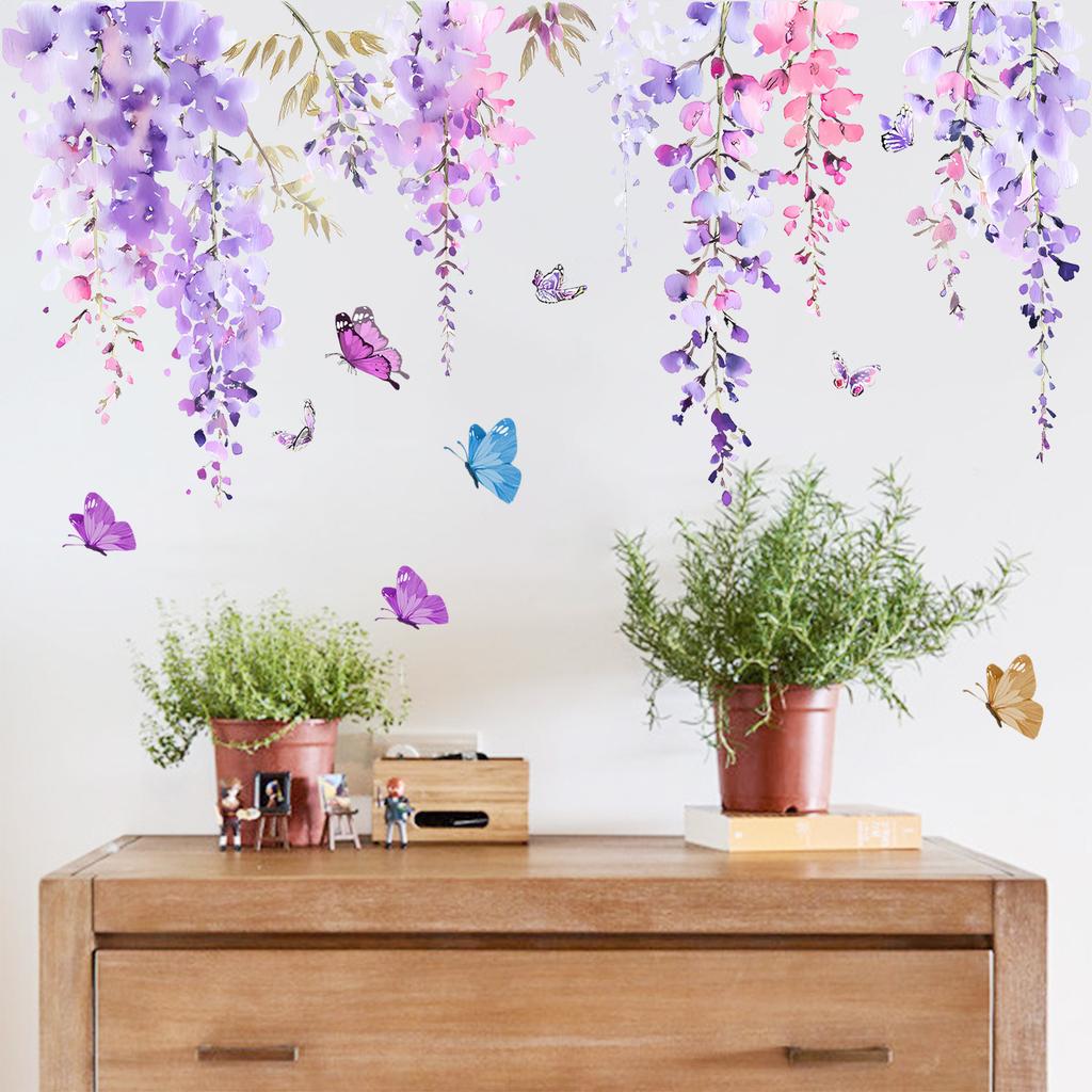 Colorful Pink Purple Wisteria Butterfly Flower Wall Sticker Self Adhesive Decal for Bedroom Living Room Hallway Home Decor