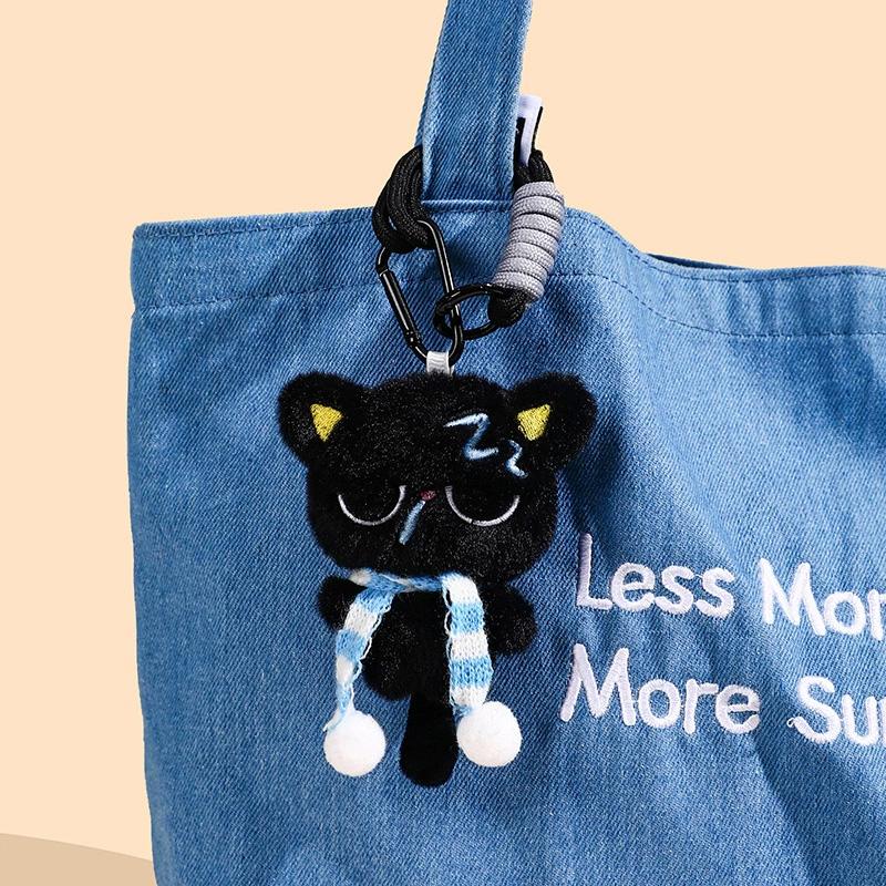 1PC Black Cat Bag Pendant Accessories Doll Pendant Cute Bag Keychain Key Ring Gifts Plush Phone Charms with Stripe Scarf