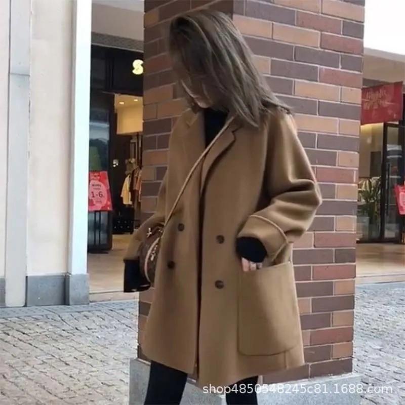 Womens Mid-length Wool Blend Coat Hepburn Style Loose Fit Winter Solid Color Brown Black
