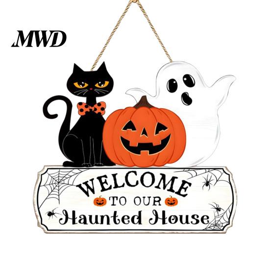 Wooden Welcome Sign Halloween Wood Door Sign, Pumpkin Ghost Black Cat Hanging Decor for Seasonal Plaque Front Door, Rustic Farmhouse Wall Art