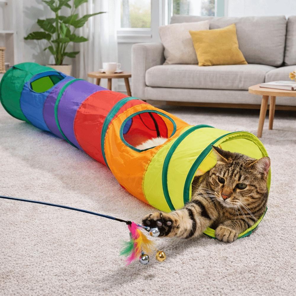 Colorful Folding Cat Tunnel Toys Interactive Pet Collapsible Tube Toy Cat Hiding Cave  Training