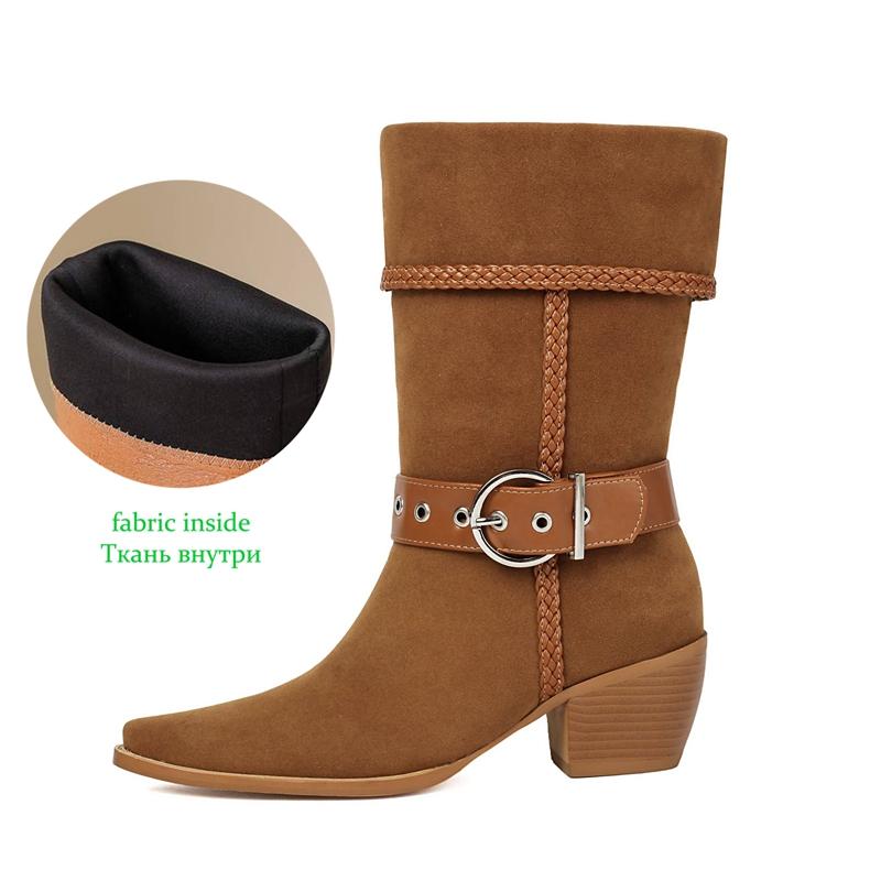 Krazing Po Flock Winter Pointed Toe Size 33 Western Boots Size 43 Metal Buckle Thick Heels Mid-calf Boots