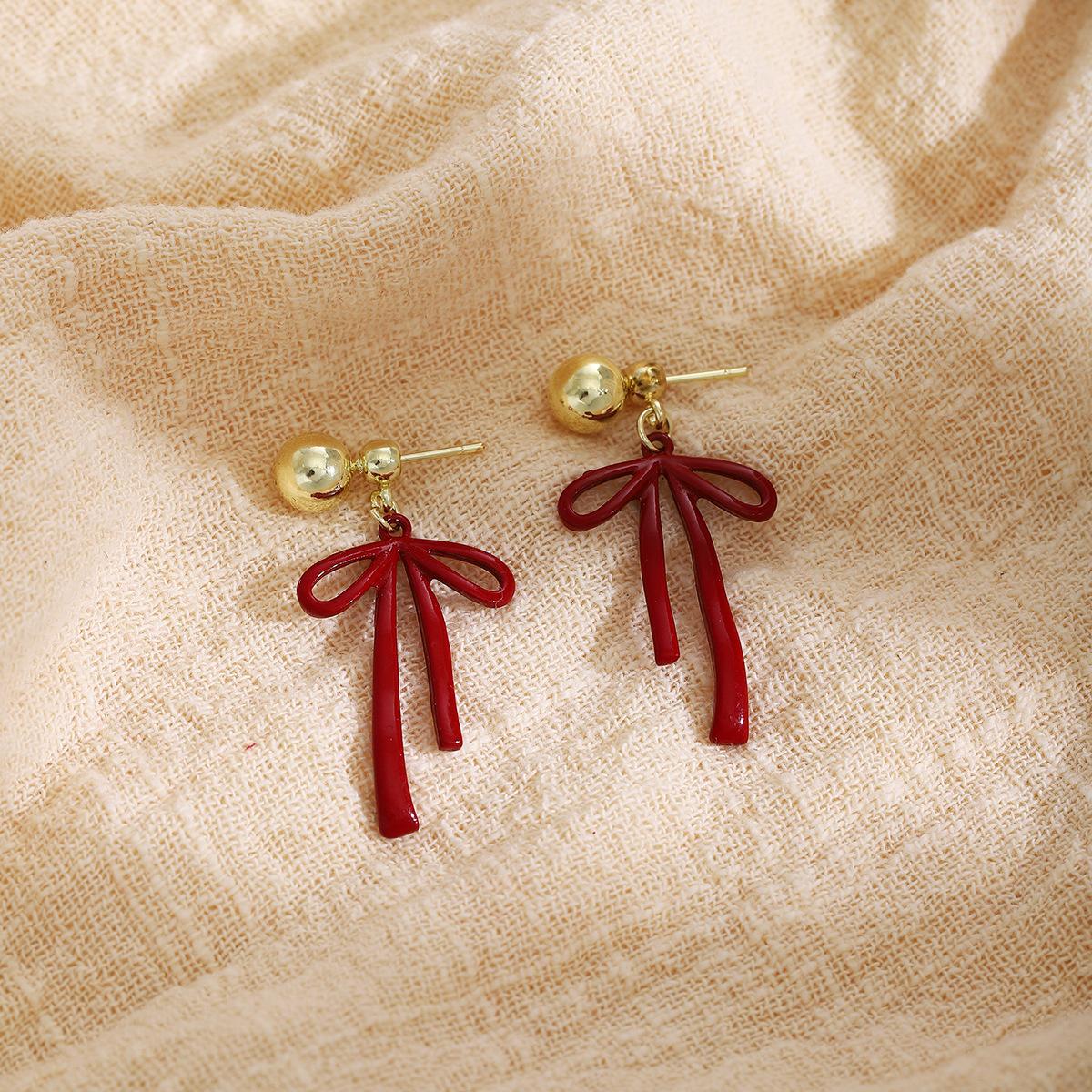 New Year S Ankara Red Two Wearing Bow Earrings, Autumn Light Luxury Design Sense Fashion Temperament Stud Earrings Women