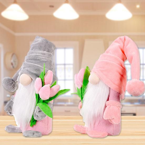 Gnome Doll Cute Long White Beard Fabric Tulip Bouquet Classic Swedish Faceless Doll Decor for Mother's Day