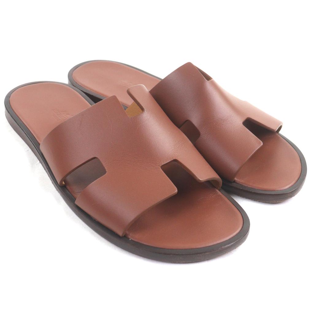 Great HERMES Sandals Izmir H Logo Slide Brown Leather Mens 41 Used