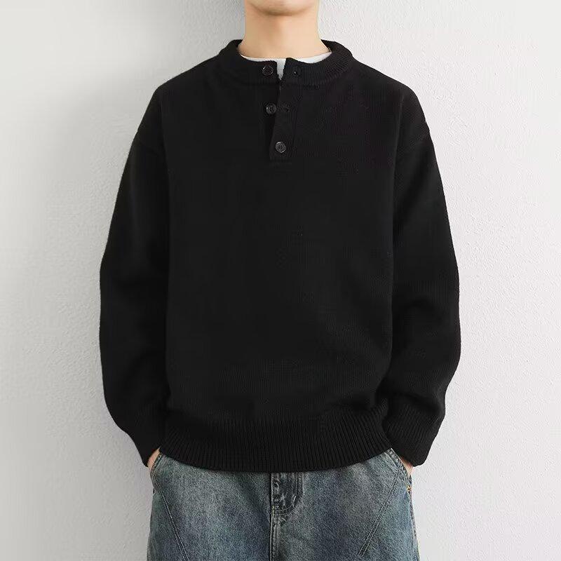 2025 Men's High-Quality Solid Color Retro Henley Knitwear for Autumn/Winter