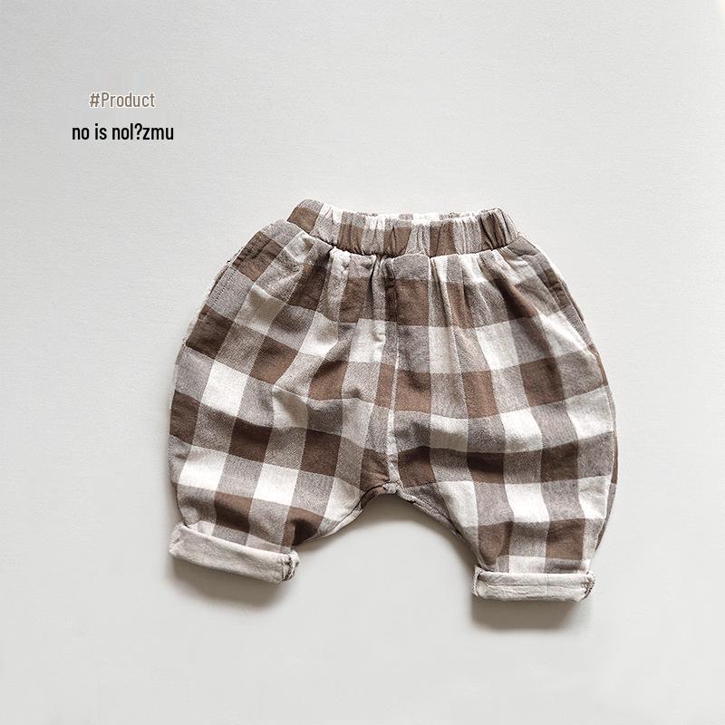 

Японские и корейские клетчатые брюки: Весна/Лето 2025 Свободный стиль гарем для мальчиков и девочек - Модная ретро детская повседневная одежда 100 cm