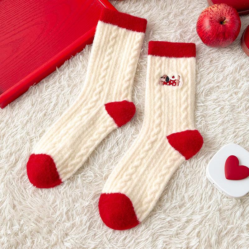 Women s Thick Coral Fleece Sleep Socks - Red Embroidered Australian Wool Winter Socks