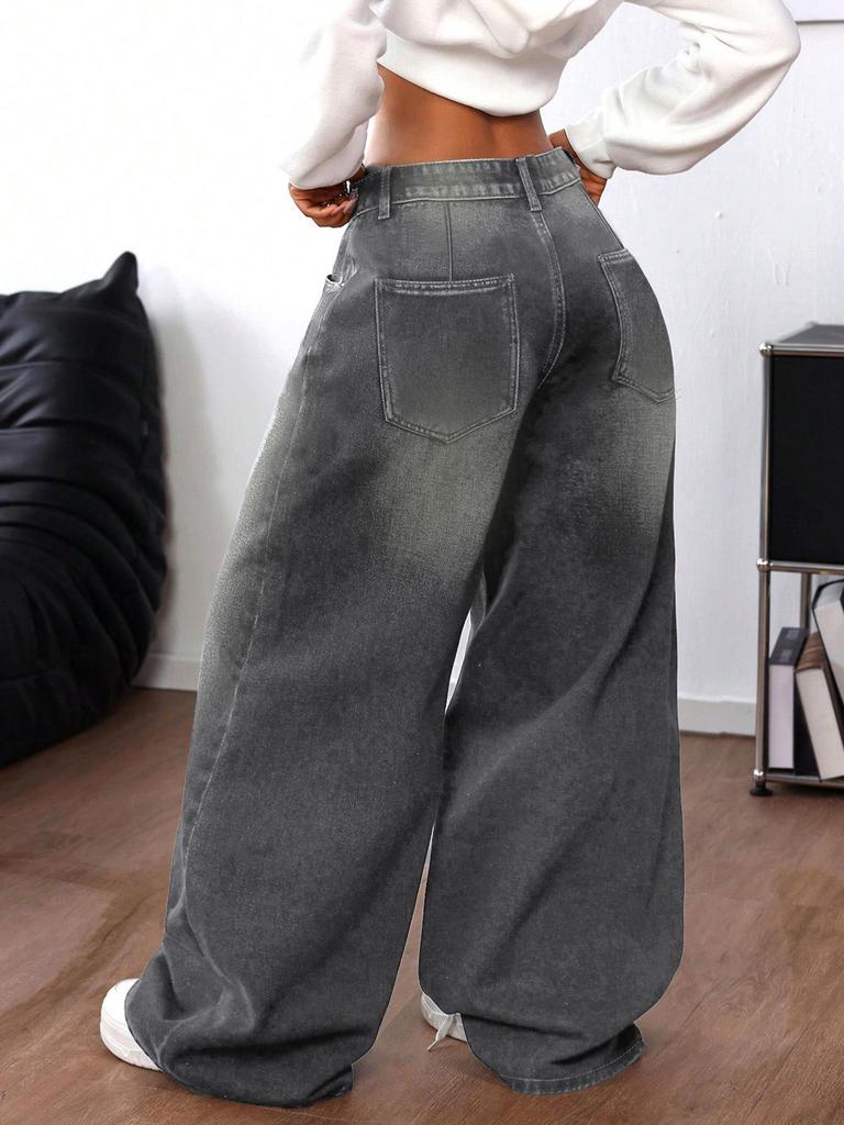 Washed Grey Ripped Wide-Leg Floor-Length Jeans for Women - Loose Casual Fit