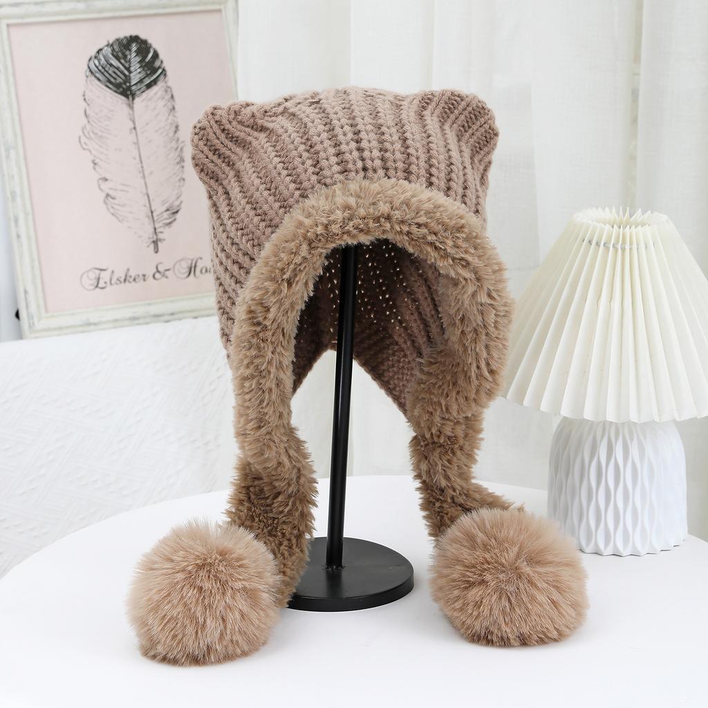 The New Autumn and Winter Cat Ear Double Tail and Two Wool Knitted Cap Is Windproof Ear Protecting  Warm Fashionable  Versatile and Cute Woolen Cap