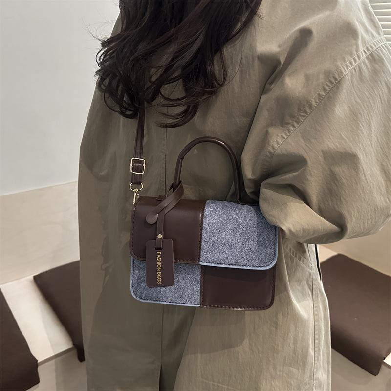 Bolsa de Mão Fashion com Textura Patchwork, Estilo para o Trabalho, Bolsa de Ombro Cruzada, Bolsa Quadrada Pequena