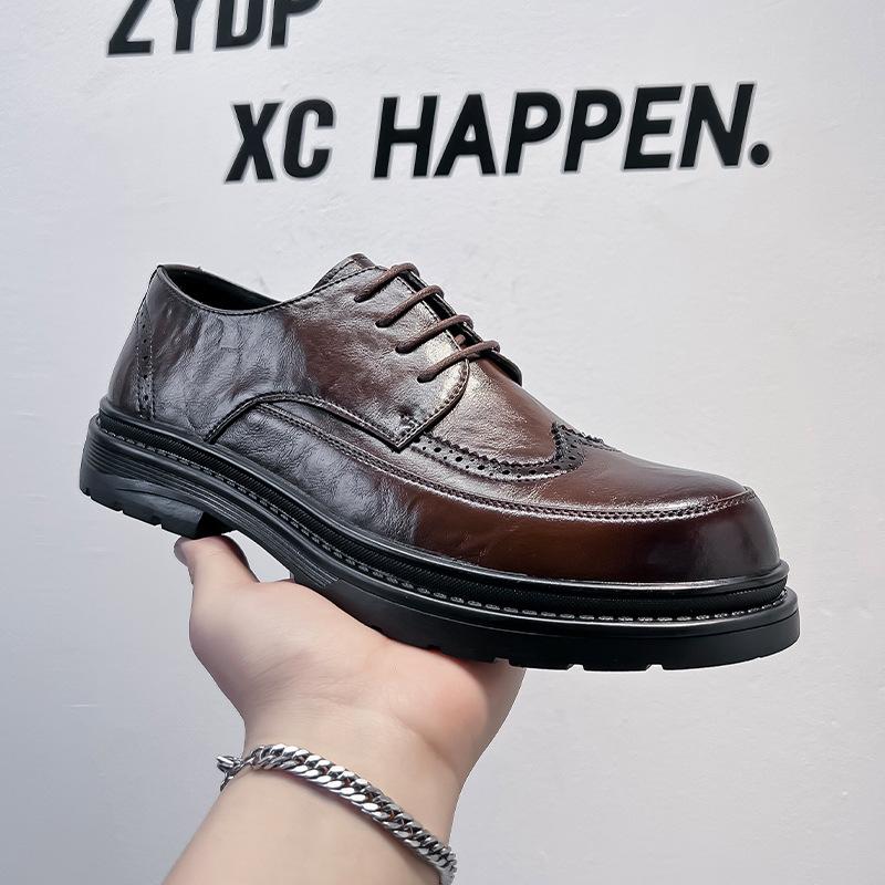 

2024 new leather shoes breathable fashion trend youth British round head business dress men s leather shoes 99331-A 44 светло-коричневого