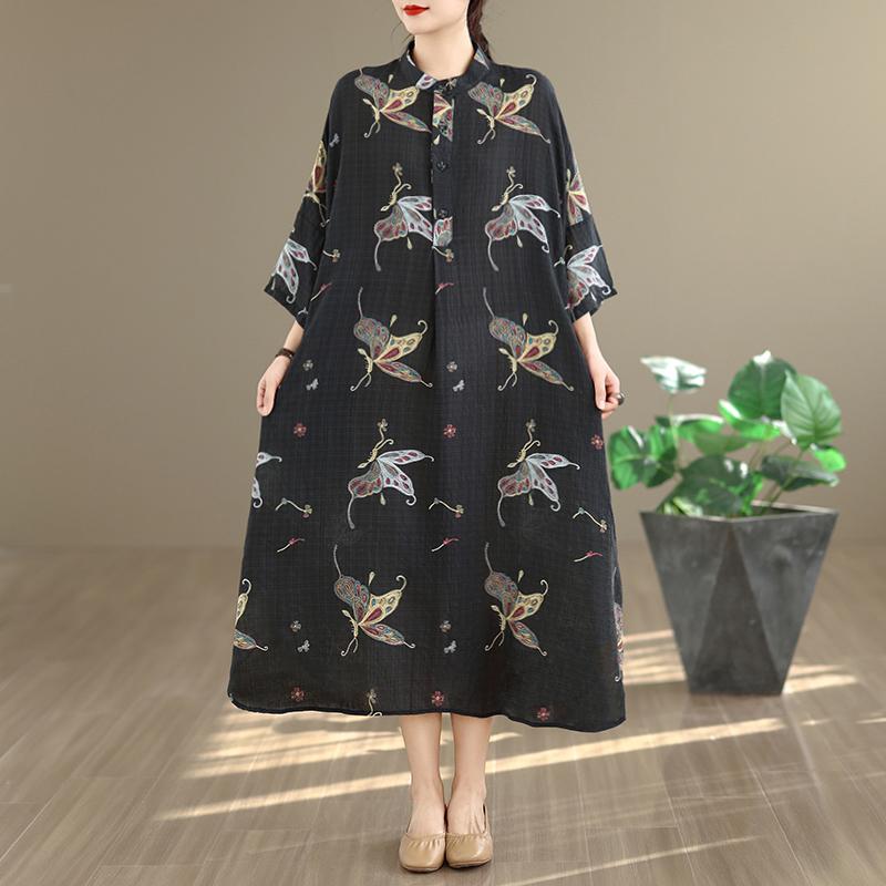 

DIMANAF New 2026 Women Plus Size Spring Summer Beach Long Black Dress Vintage Lady Loose Oversize Maxi Floral Print Cotton Button One size