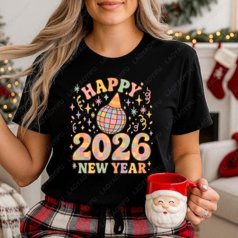 Happy New Year 2026 Shirt New Year Party Disco Ball Unisex Adult Cotton TShirt Festive Celebration Shirt Gold Glitter Casual Tee S