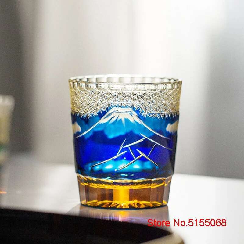 Incisione a Mano Giappone Monte Fuji Edo Kiriko Bicchiere da Whisky Cristallo Ambra Calici da Vino Tumbler da Whisky Bicchiere per Distillati Sake Tazza da Acqua