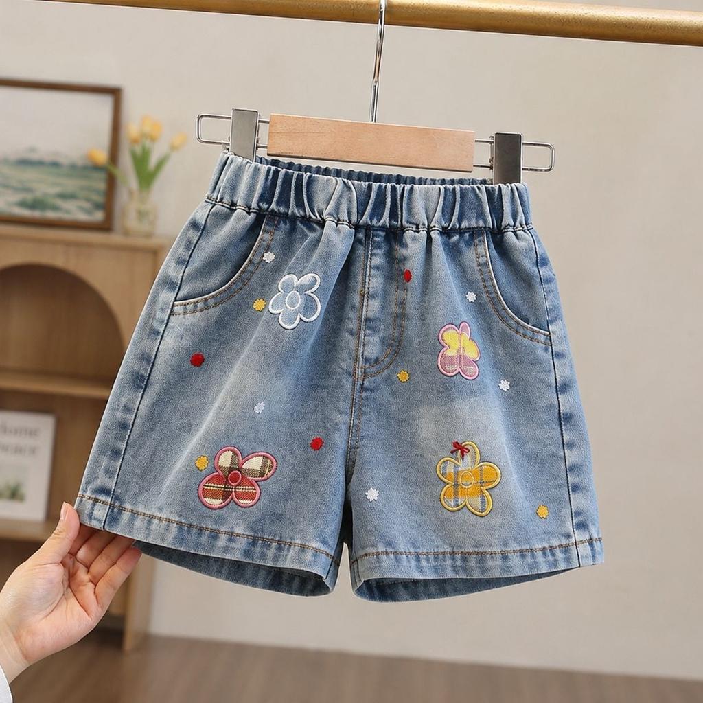 Girls Pink Round Neck Plaid Ruffle Top and Denim Shorts Sweet Summer 2 Piece Set