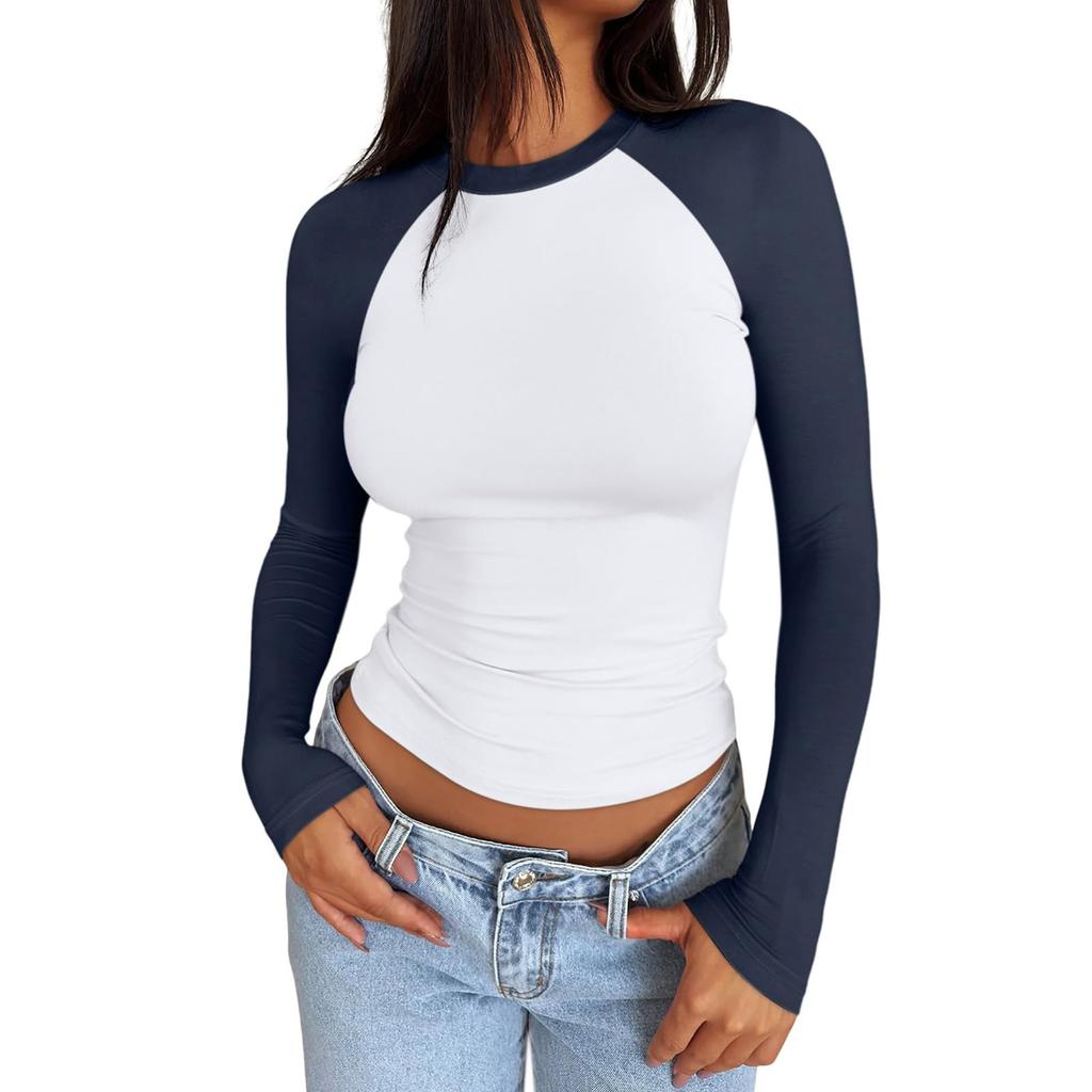 Women's Long Sleeve Shirts Slim Fit Stretchy Color Block Slightly Cropped Tops