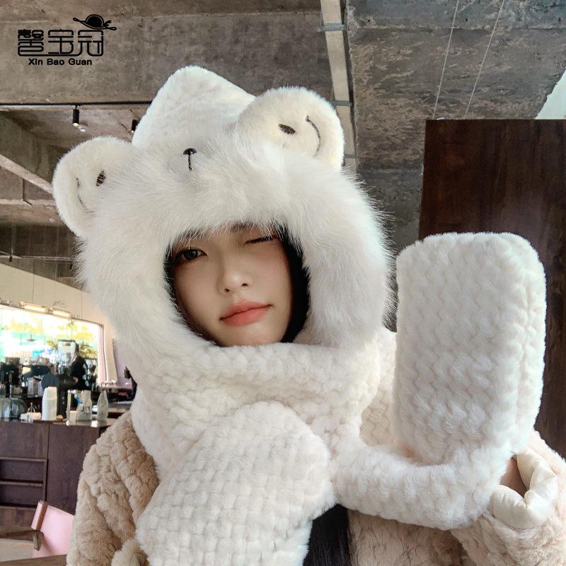 Plush hat, scarf, gloves, integrated hat, female cute fashion ear protection pullover hat, winter warm and cold three-piece set