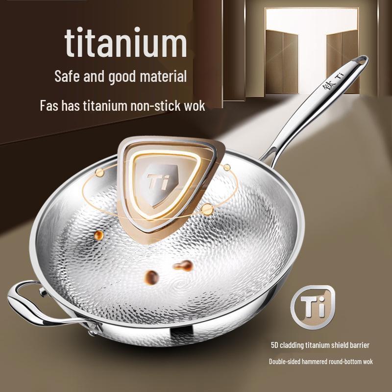 German Fish Scale Hammered Pure Titanium Wok - Uncoated Non-Stick Stir-Fry Pan for Induction Cookers.