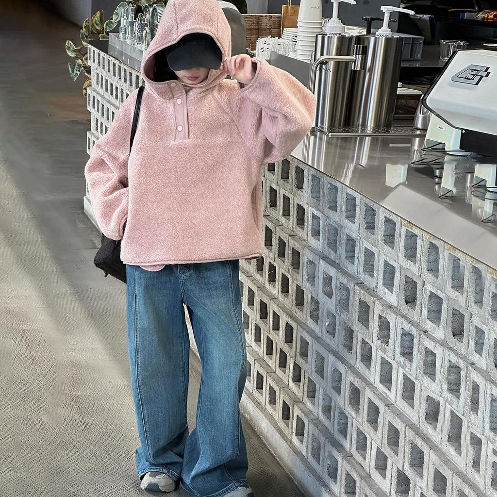Girls' 2025 Korean Style Fuzzy Hooded Sweater - Autumn/Winter Warm, Loose Pullover