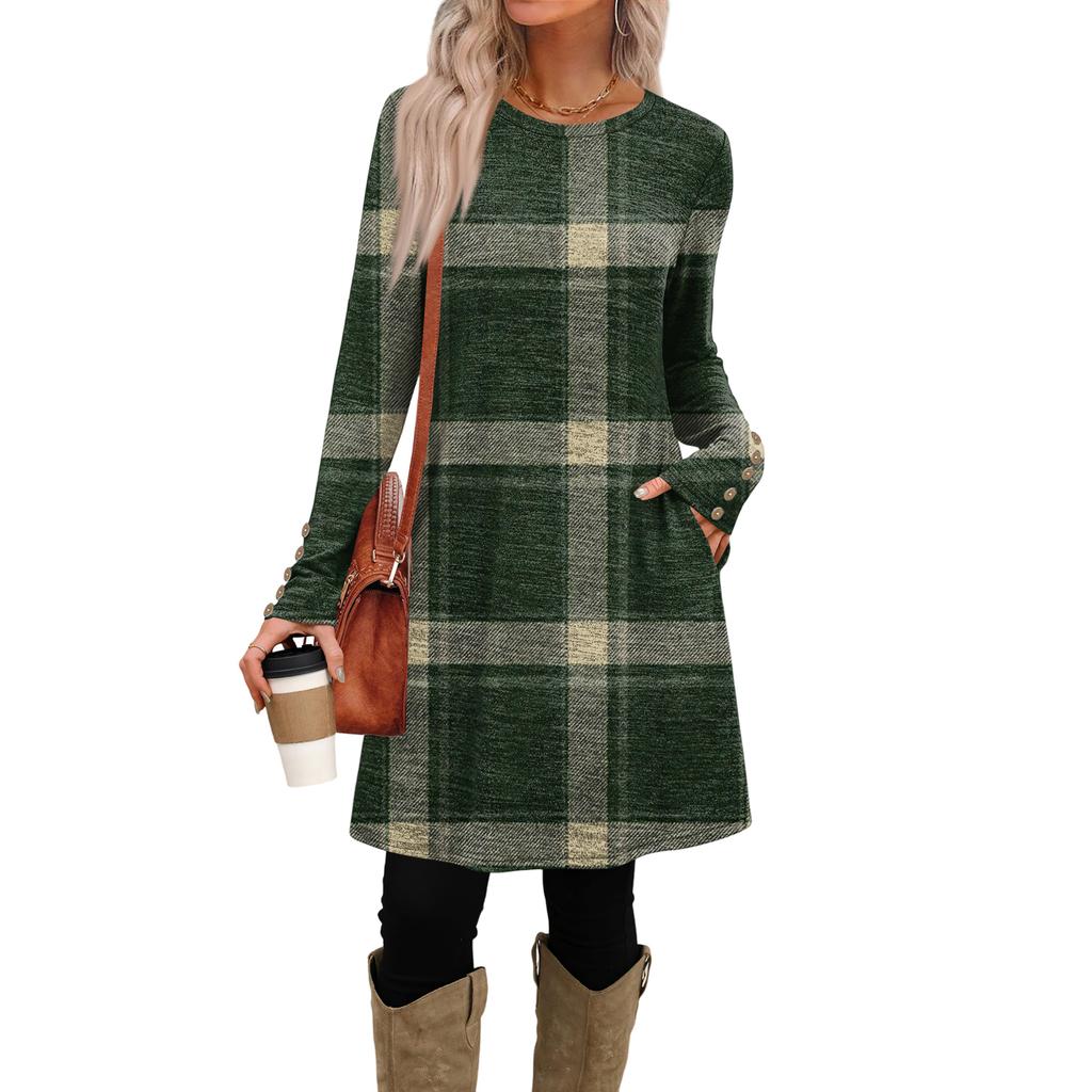 Women's Fashion Casual Dress With Pockets, Decorative Buttons, Round Neck And Long Sleeves