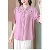 Women's Linen Blouse Embroidery Collar Half-Sleeve Casual Shirt