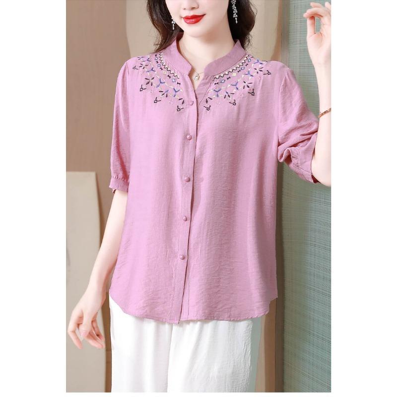 Women's Linen Blouse Embroidery Collar Half-Sleeve Casual Shirt
