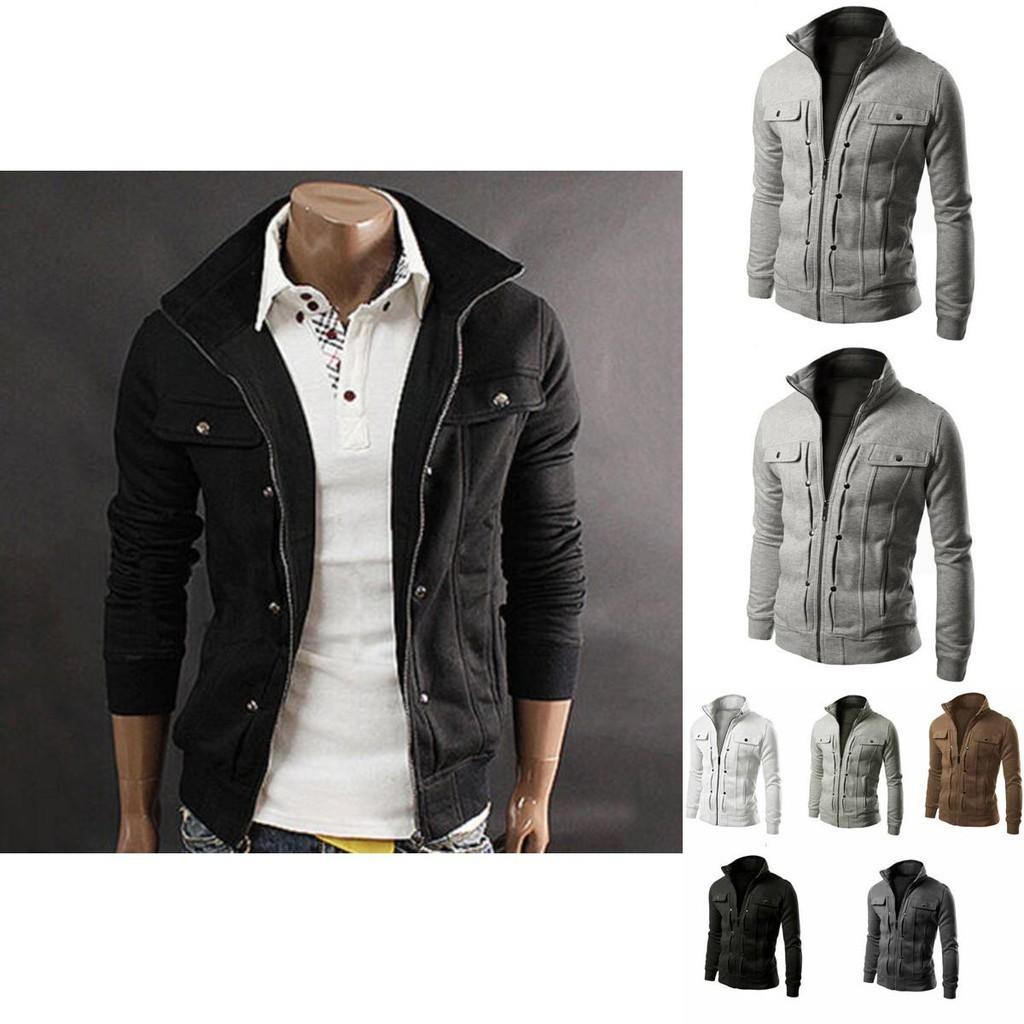 Mens Slim Fit Stand Collar Long Sleeve Coat Top Military Jacket For Stylish Look