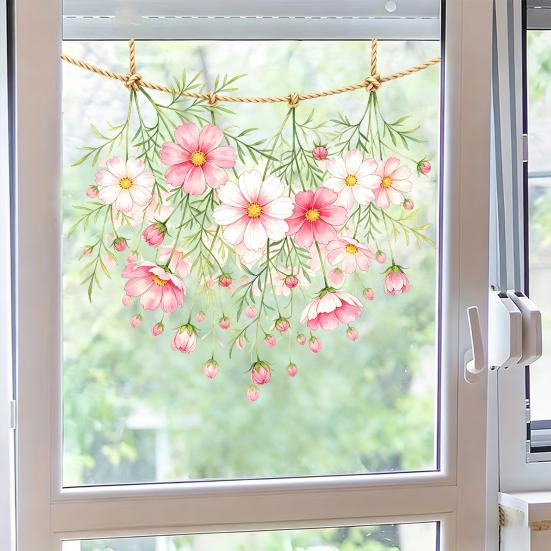 Spring Hanging Floral Window Cling Watercolor Saussurea Flower Vine Window Decals Reusable Static Glass Sticker for Home Shop Office