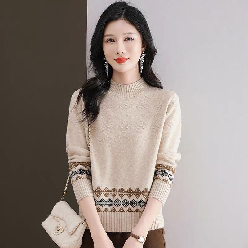 

Женский полувысокий ретро-свитер, осенне-зимний жаккардовый вязаный свитер с цветными блоками для женщин 3XL