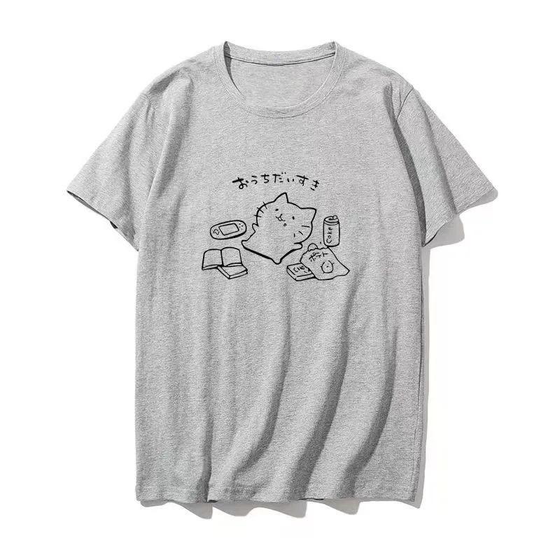 

100 Pure Cotton Fun Japanese Otaku No Plan No Desire To Make Cat Shortsleeved Tops Mens and Womens Tshirts for Summer S