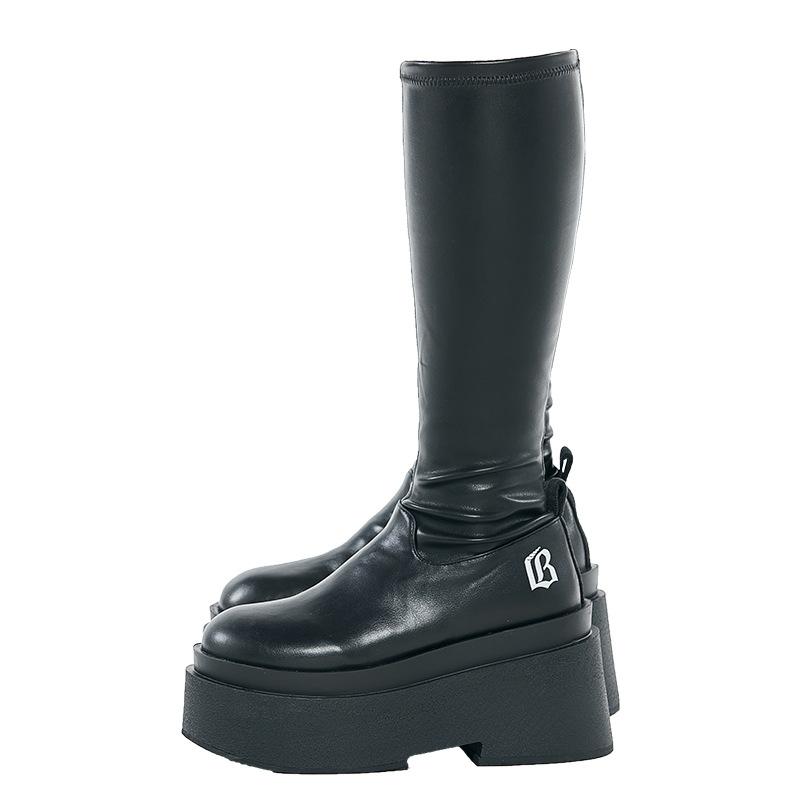 New spot 2025 autumn and winter velvet elastic thin boots, new thick-soled medium-heeled high boots, small and long