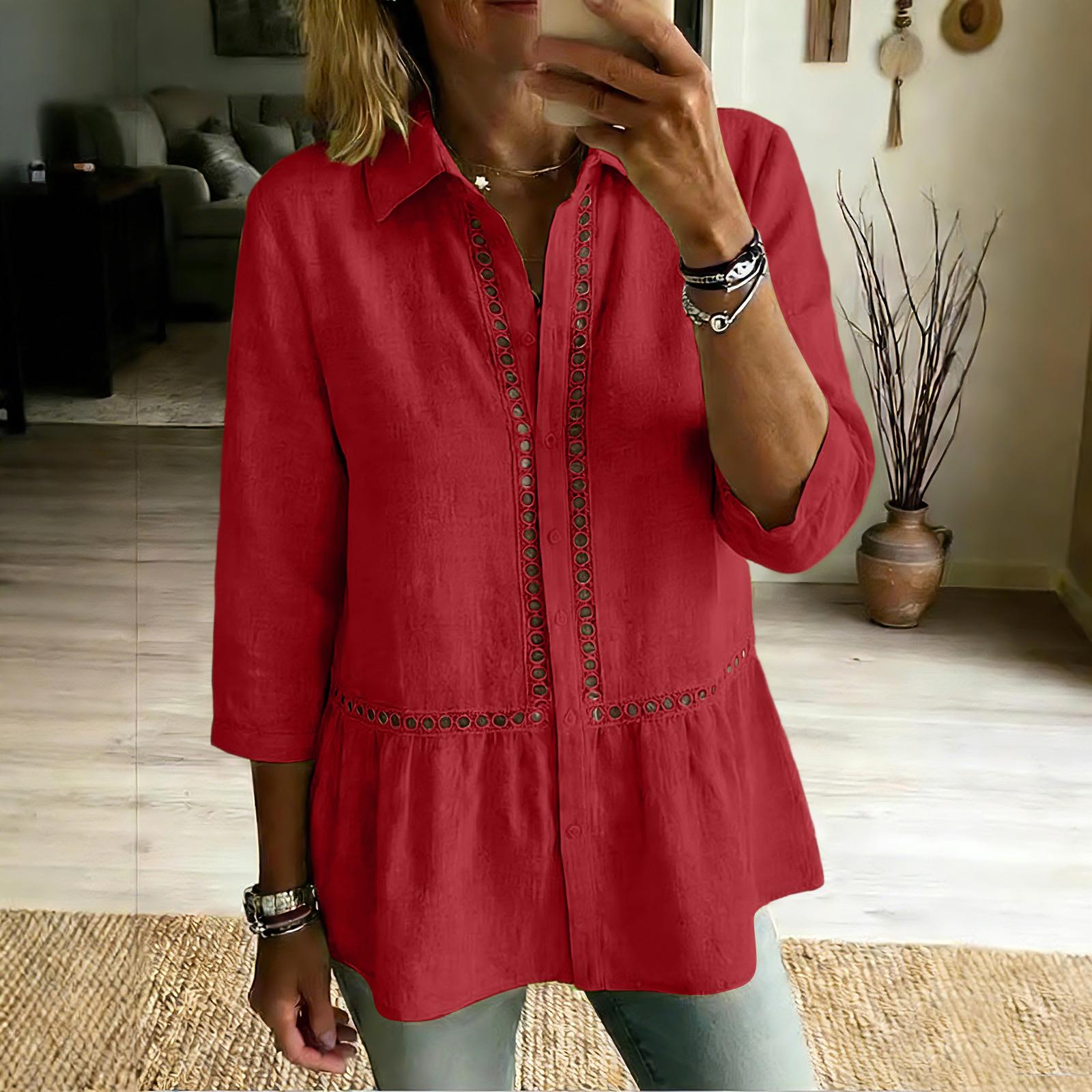Women s Color Button Casual Fashion Cotton And Linen Shirt Top L красный