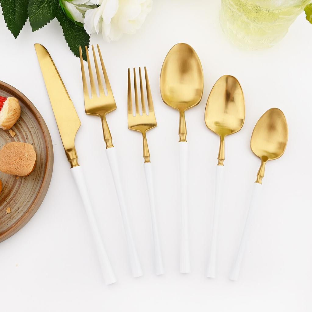 6Pcs White Gold Cutlery Set Western Tableware Set 304 Stainless Steel Dinnerware Dessert Fork Knives Spoon Kitchen Flatware Set