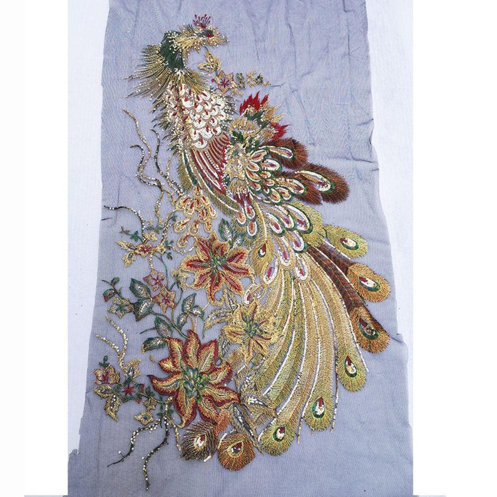 Large Sequined Embroidery Patches DIY 130X60CM Phoenix Birds Applique Embroidery Sequin Lace Applique Wedding Bridal Gown Party