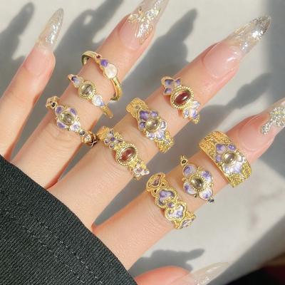 Violet Purple Enamel Drip Open Ring Medieval French High Sense Flower Ring Female