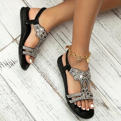 Damen-Sandalen mit glitzerndem Strass-Dekor, elastische Knöchelriemen-Plateauschuhe mit weicher Sohle, lässige Sommer-Strand-Slides