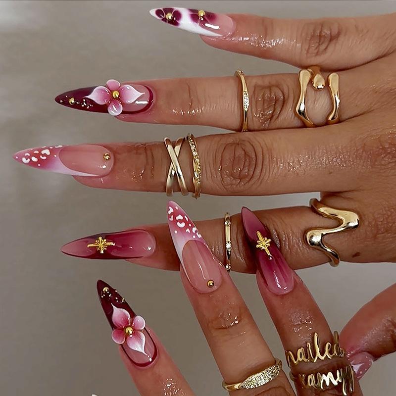 24 Pieces Long Pointed Wearing Nail 3D Three-dimensional Flower Fake Nail Patch French Manicure Gold Pure Handmade Wearing Nail