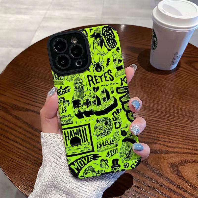 Shockproof Cute Doodle Green Color Pattern Silicone Case For iPhone 11 12 13 14 15 Pro Max Mini 8 7 Plus X XS XR Cartoon Cover