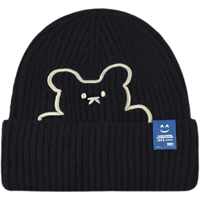 Süße Bären-Stickerei Mützen Herbst Winter Warme Strickmützen Mode Retro Buchstaben Melonenmütze Freizeitkappe Mützen Beanie Unisex