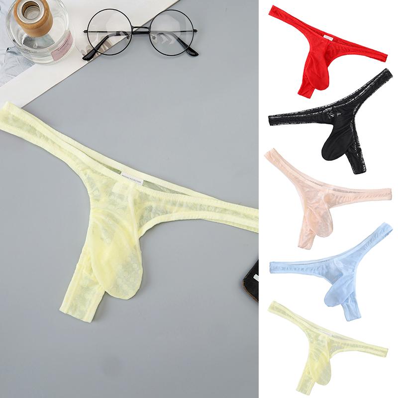 1Pc Thong Panties Nylon Briefs Sheer Bulge Pouch Underwear Ice Silk Sexy G-string Men's