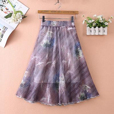 New Ink Painting Printed Chiffon Half Length Skirt Summer Mid Length High Waist Big Swing Beach Skirt