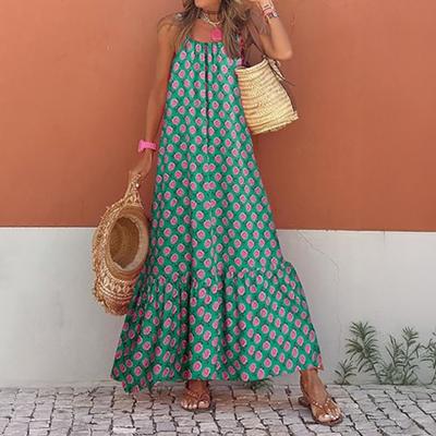Women Boho Sleeveless Maxi Dress Spaghetti Strap Backless Swing Long Dress Summer Beach Flowy Sundress