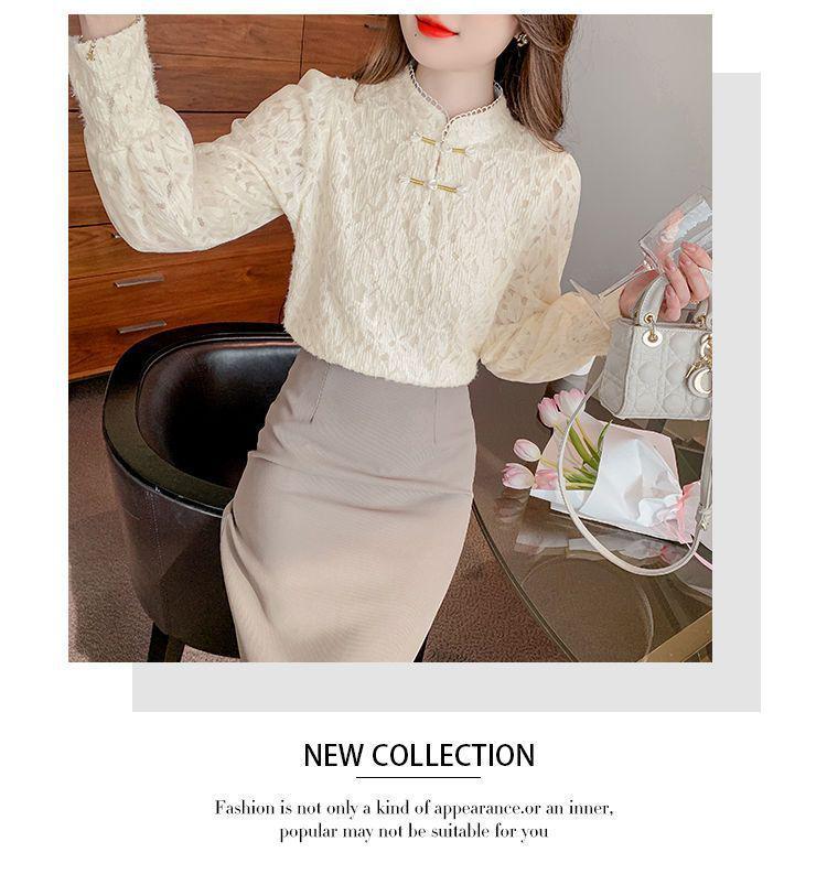 Women's Autumn/Winter Slim Fit Lace Stand Collar Shirt with Velvet Tummy Covering Top