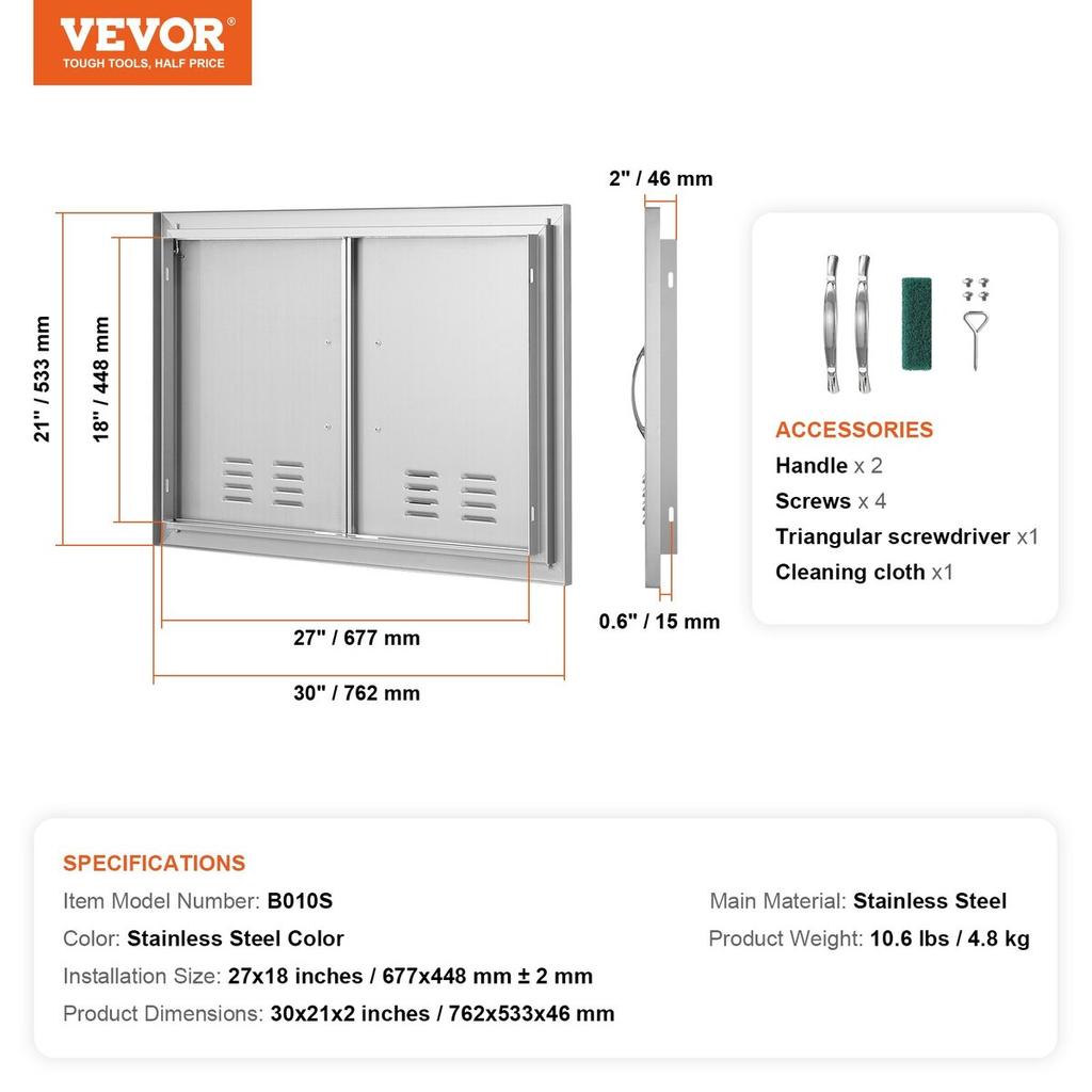 BBQ Access Door, 762x533 Mm Double Outdoor Kitchen Door, Stainless Steel Flush Mount Door, Wall Vertical Door with Handles and Vents, for BBQ Island,