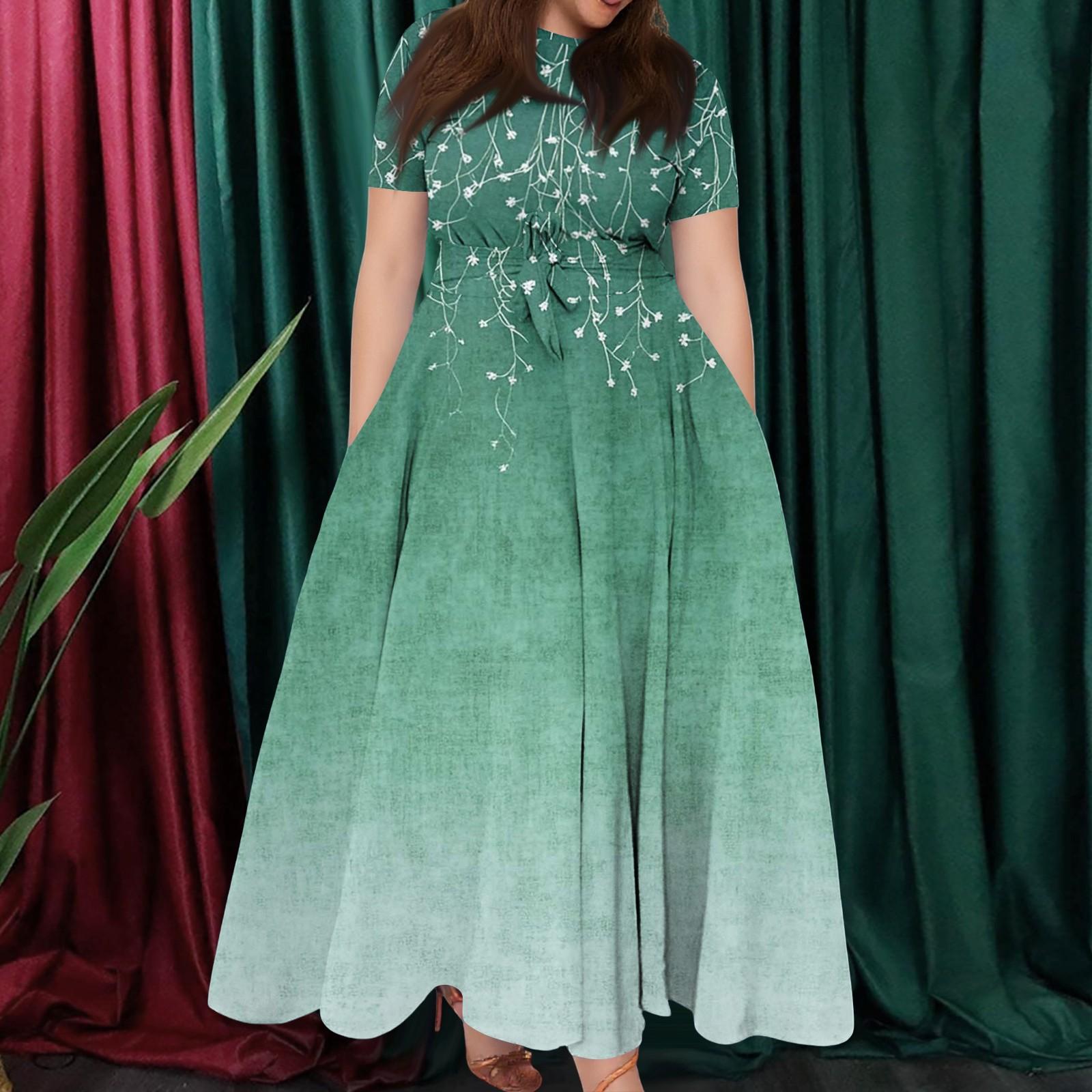 

Женское повседневное модное свободное платье большого размера с принтом, круглым вырезом и короткими рукавами, карманными бретелями XXL зелёный