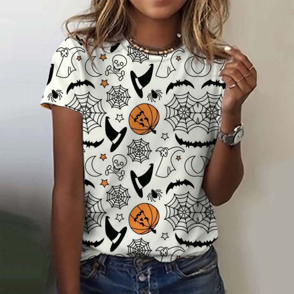 Halloween women s T-shirt summer short sleeved pumpkin head costume XS